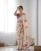 Peach Chinon Designer Digital Printed & Mirror Cut Work Saree - Kriti | Grocsy