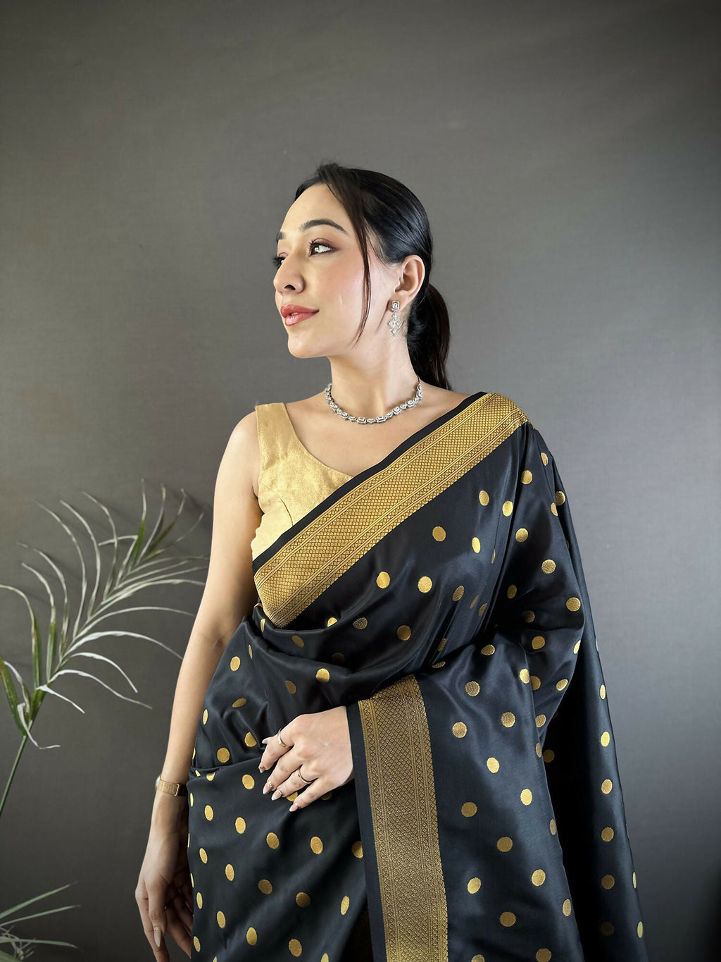 Joban Fashion Black Polka Dot Lichi Silk Paithani Silk Saree | Grocsy