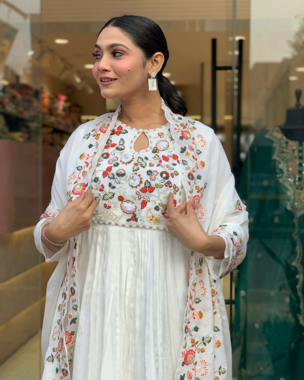 The52 White Women's Gorgeous Embroidered Viscose Chiffon Fabric Pleated Kurta Pant with Dupatta Set | Grocsy