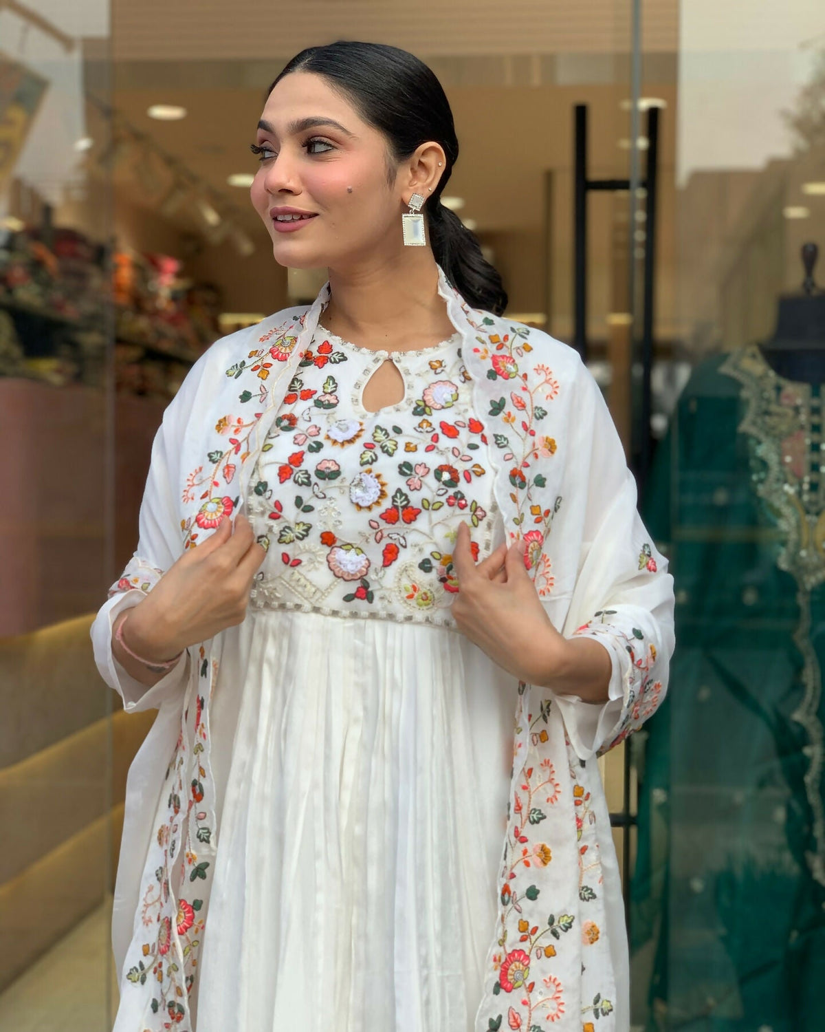 The52 White Women's Gorgeous Embroidered Viscose Chiffon Fabric Pleated Kurta Pant with Dupatta Set | Grocsy