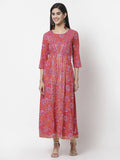 Myshka Women's Pure Red Color Cotton Round Neck Printed 3/4 Sleeve Dress | Grocsy