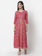 Myshka Women's Pure Red Color Cotton Round Neck Printed 3/4 Sleeve Dress | Grocsy