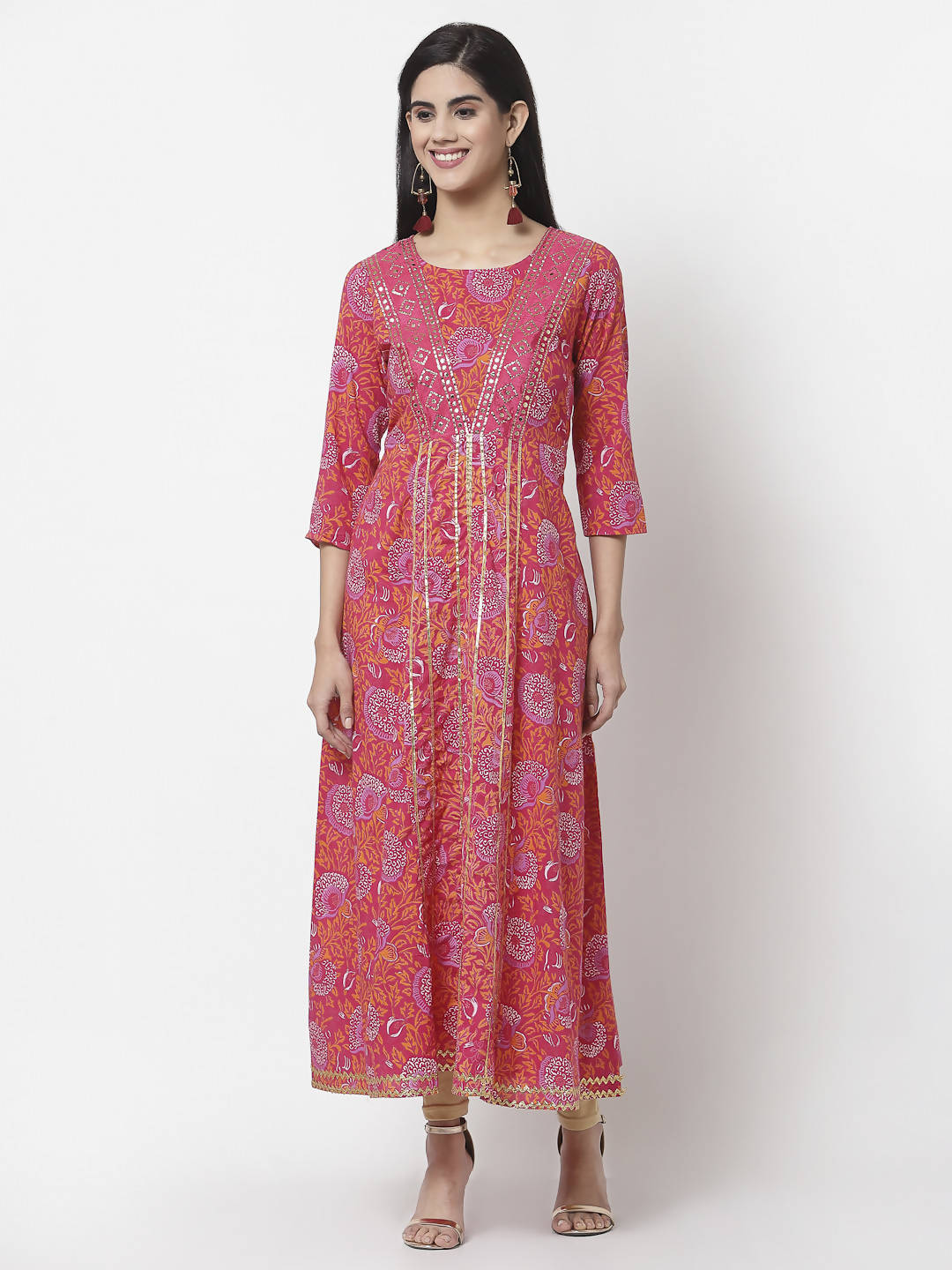 Myshka Women's Pure Red Color Cotton Round Neck Printed 3/4 Sleeve Dress | Grocsy