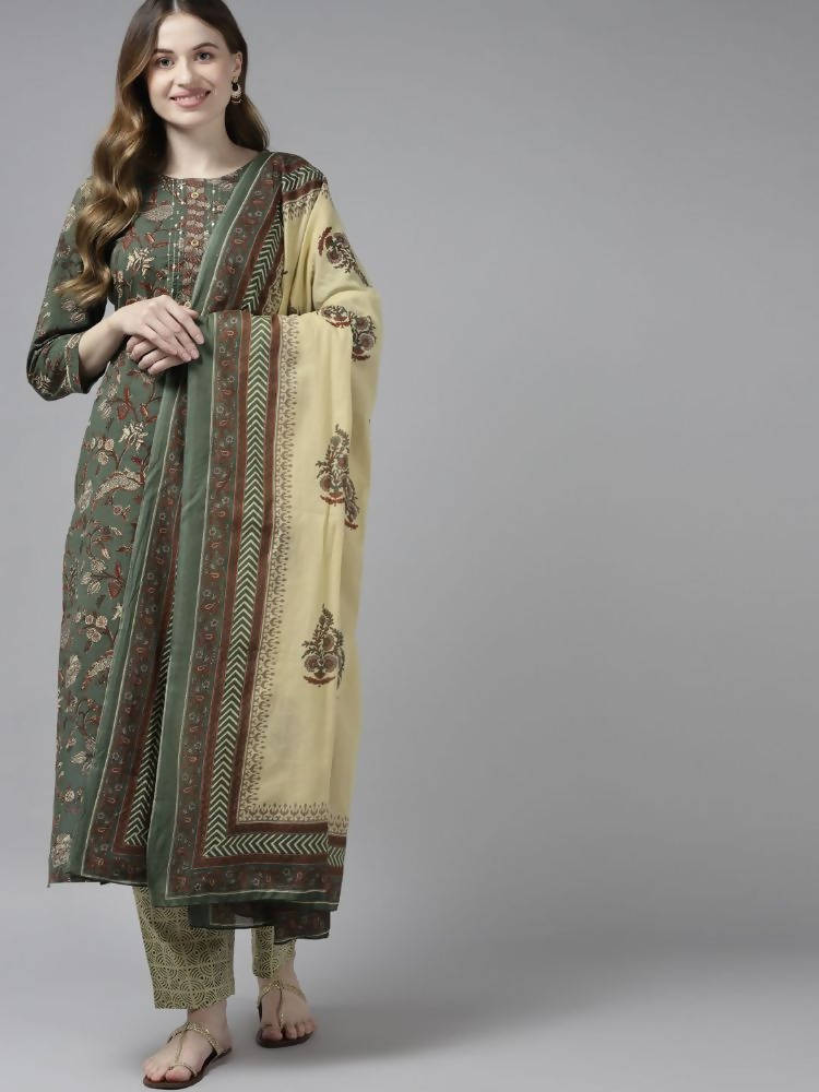 Yufta Women Green and Beige Floral Print Pure Cotton Kurta with Palazzo and Dupatta | Grocsy