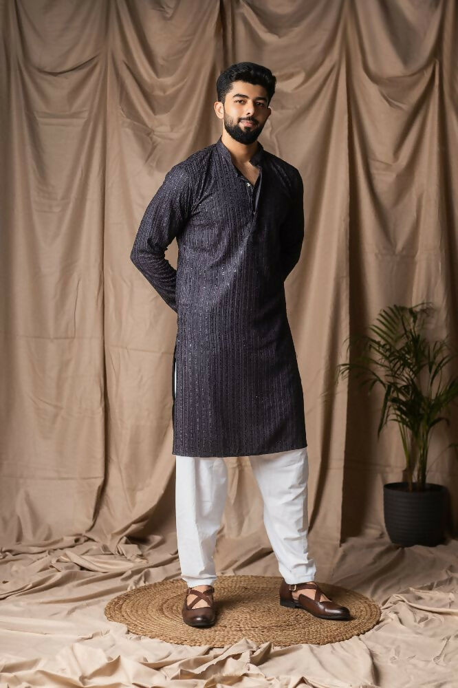 Dark Grey Rayon Thread Embroidery Work Kurta Set - Mahotsav | Grocsy