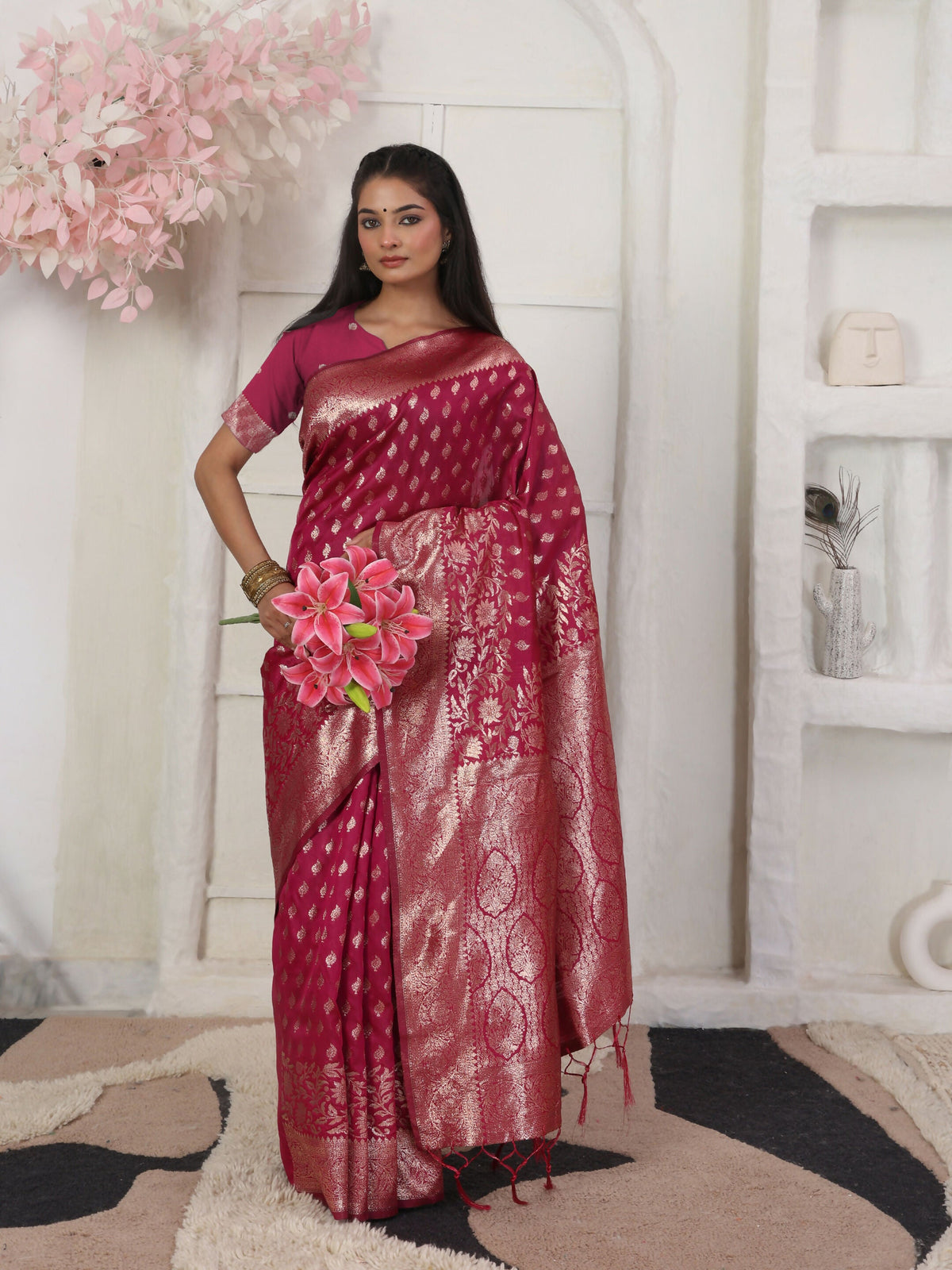 Shree Shyam Fashion Lichi Silk Wine Saree | Grocsy