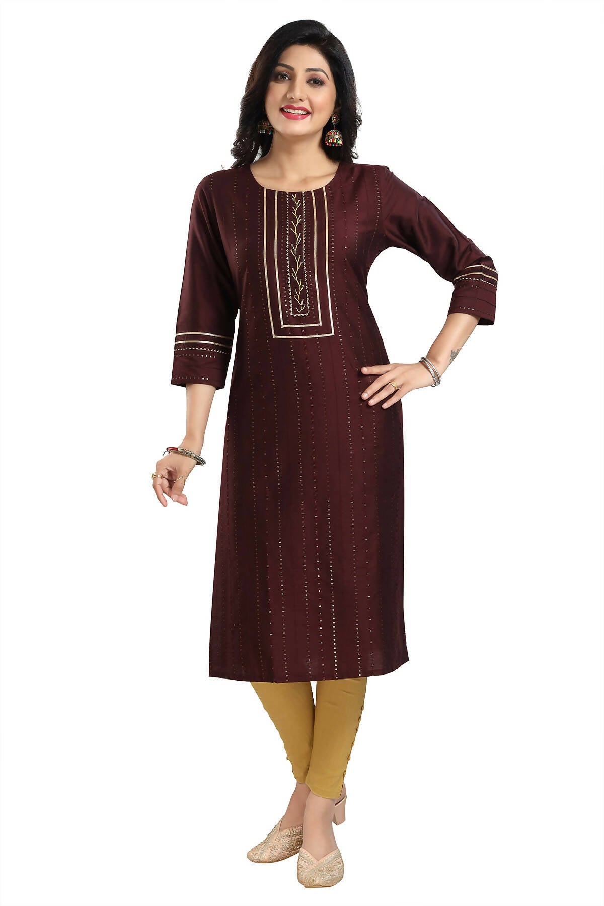 Snehal Creations Beautiful Brown Cotton Silk Designer Long Kurti Tunic With Sequines Embroidery | Grocsy
