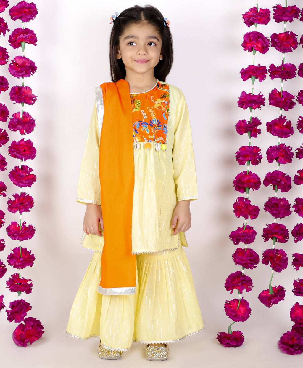 Little Bansi Girls Yellow & Orange Color Mirror work Kurta frock with Sharara & Dupatta | Grocsy