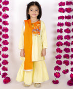 Little Bansi Girls Yellow & Orange Color Mirror work Kurta frock with Sharara & Dupatta | Grocsy