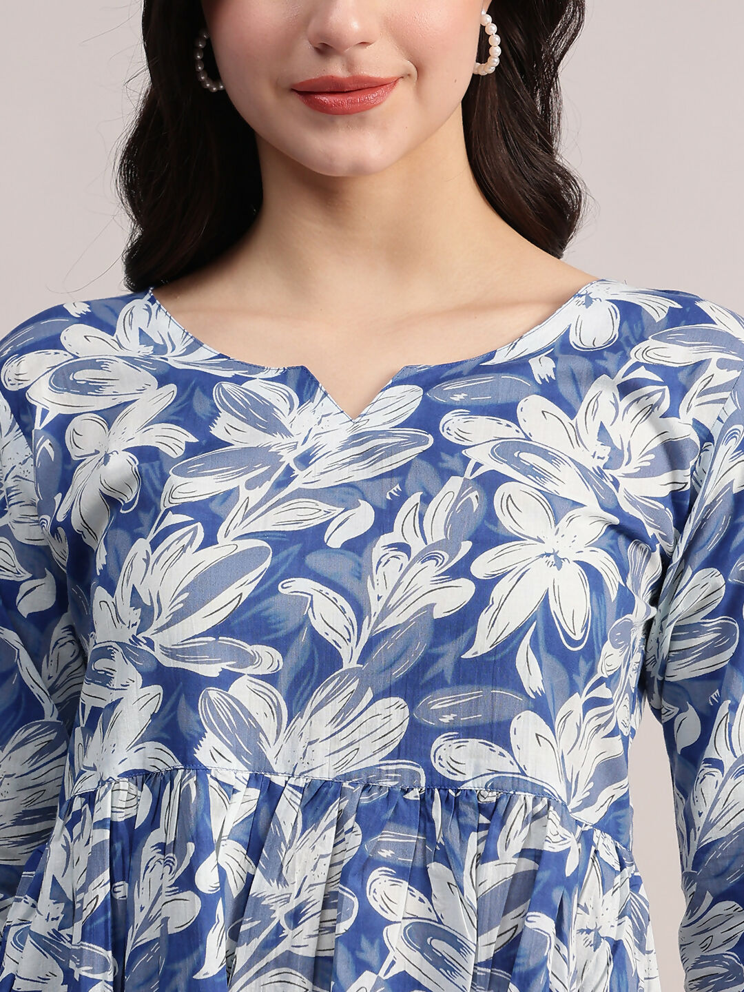 Aavyora Women's Blue Floral Printed Cotton Kurta with Chevron Pattern Palazzo Set | Grocsy