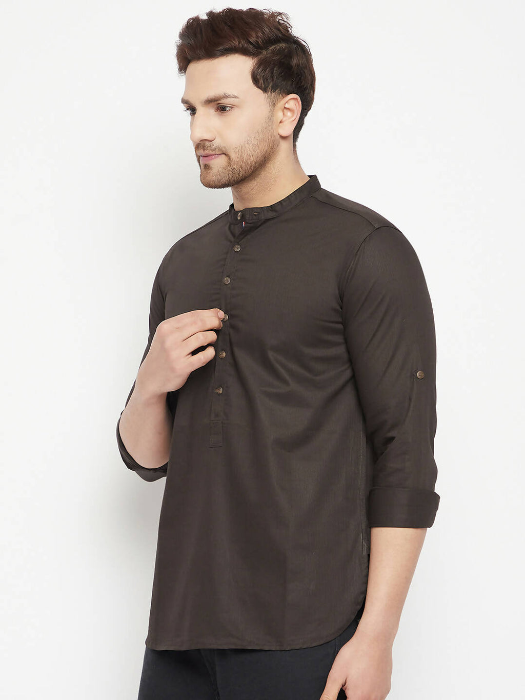 Even Apparels Brown Pure Cotton short Men's Kurta With Band Collar | Grocsy