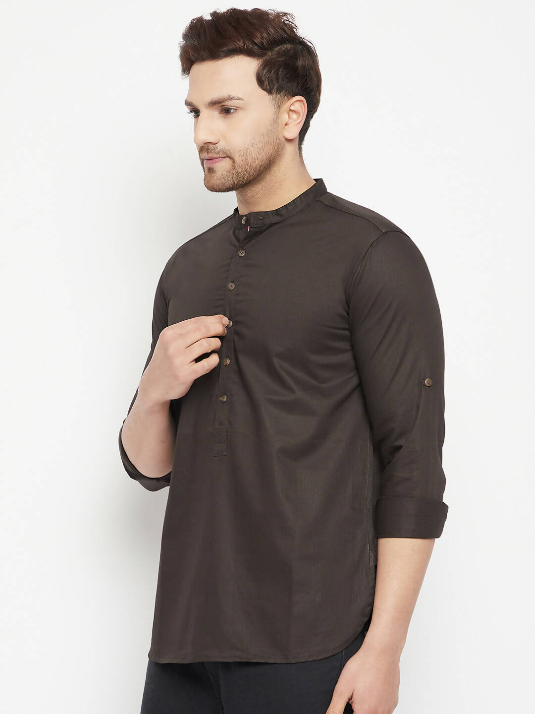 Even Apparels Brown Pure Cotton short Men's Kurta With Band Collar | Grocsy