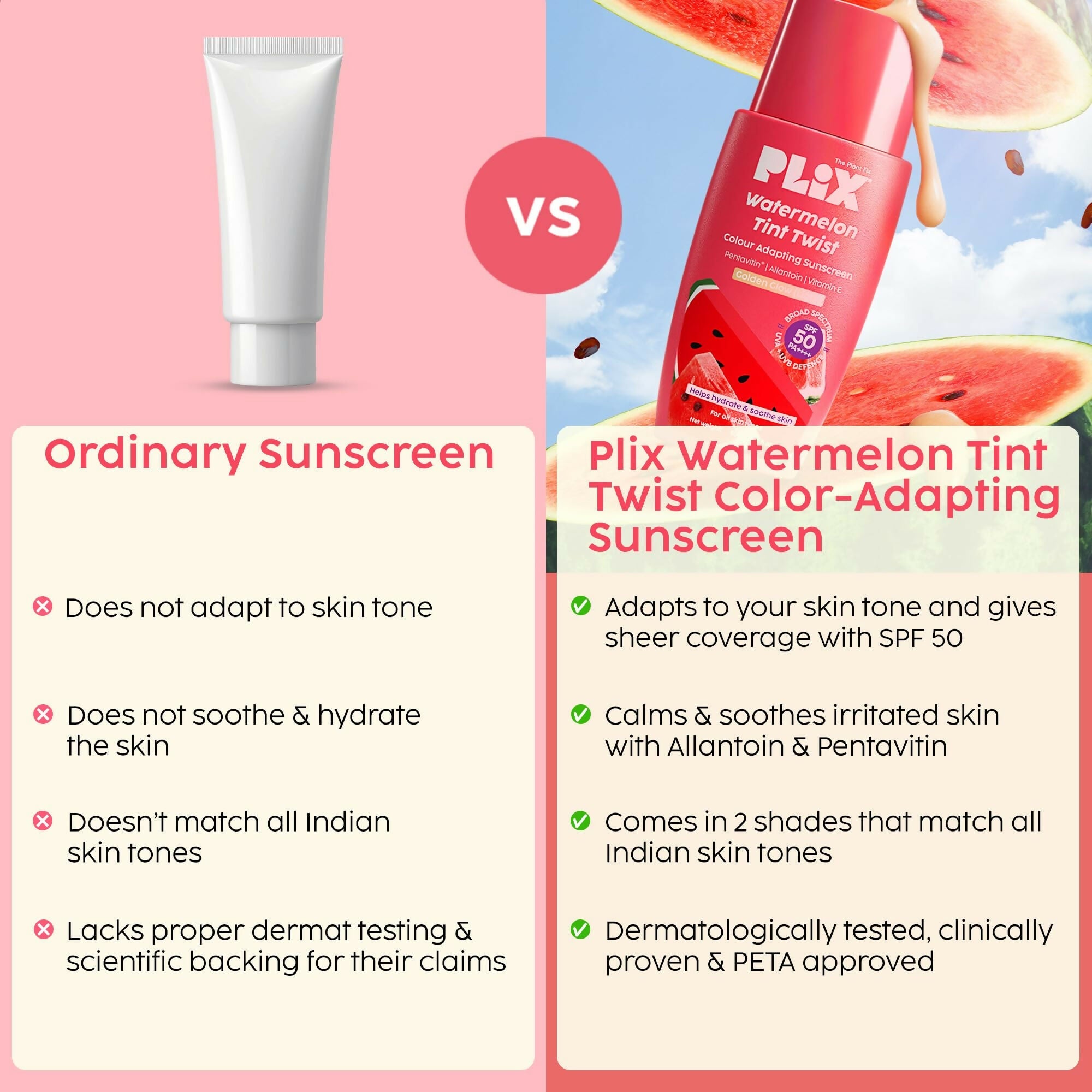 PLIX The Plant Fix Watermelon Tint Twist Color-Adapting Sunscreen For Light Coverage & Instant Glow | Grocsy