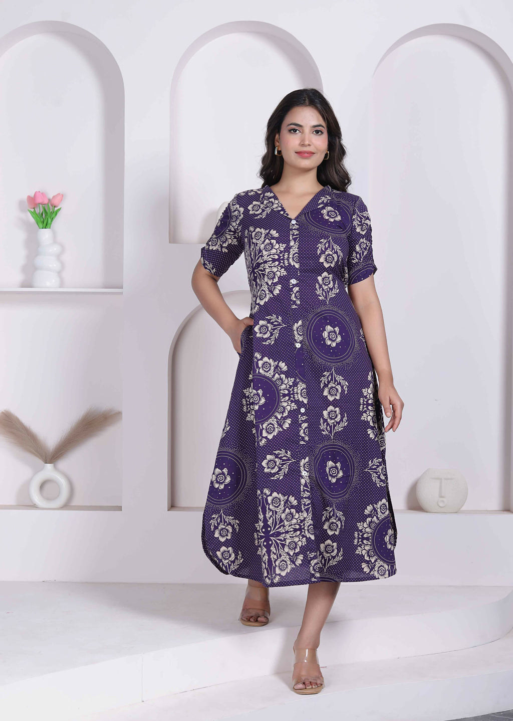 Miravan Womens Floral Printed A-Line Shirt Collar Maxi Dress | Grocsy
