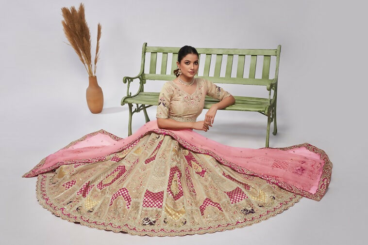 Kesar Fab Ivory Silk Embroidered Lehenga | Grocsy
