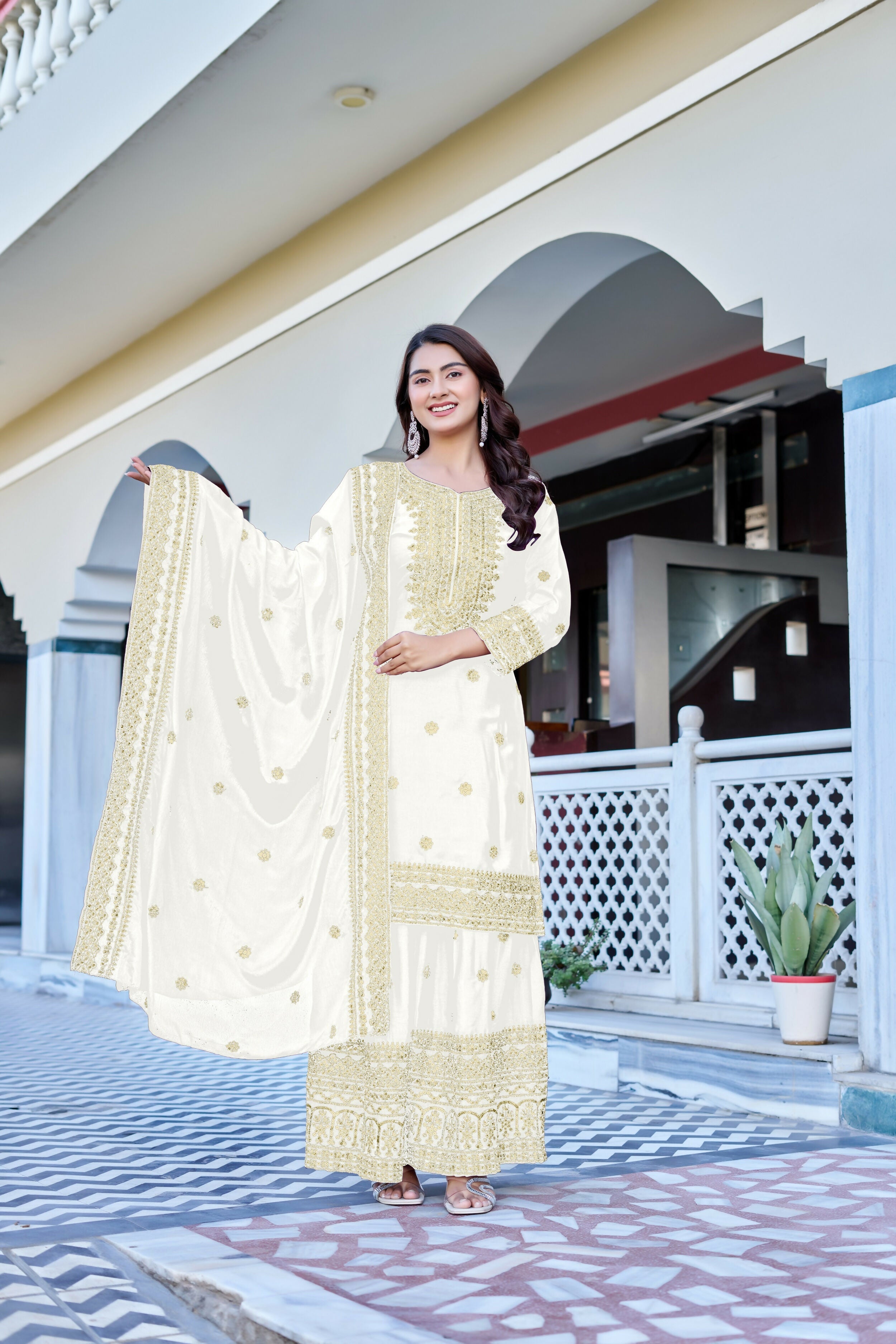 Teeya Creation White Color Chinon Silk Heavy Embroidery Work Wedding Wear Sharara | Grocsy