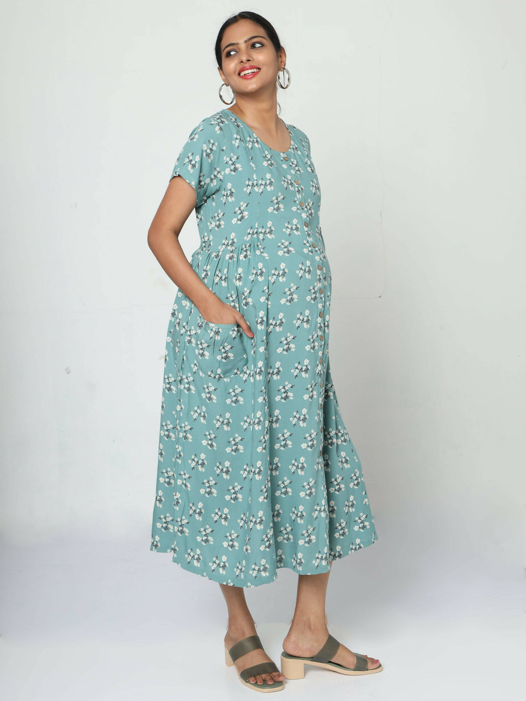 Manet Short Sleeves Maternity Dress Floral Print With Concealed Zipper Nursing Access - Green | Grocsy