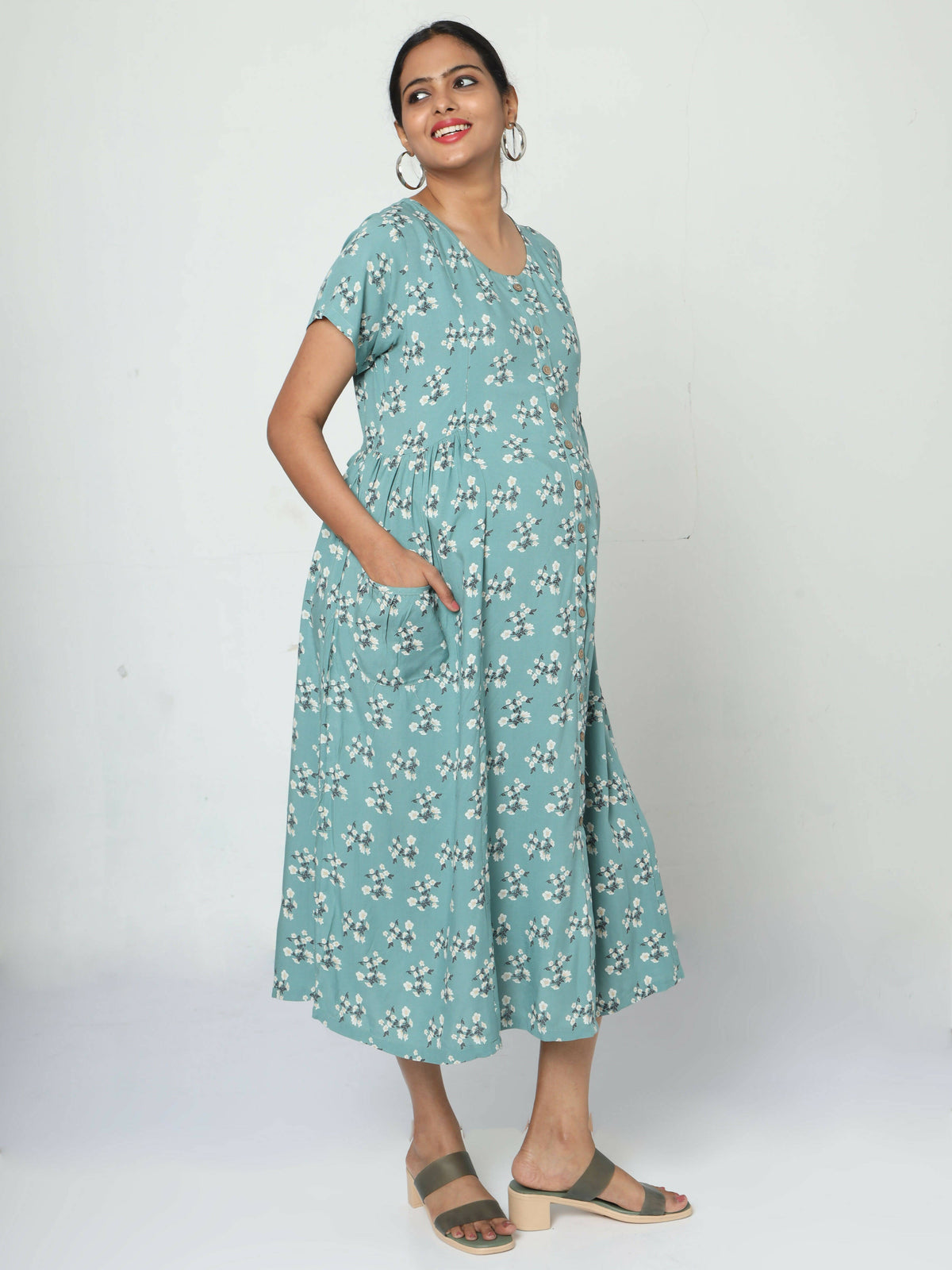 Manet Short Sleeves Maternity Dress Floral Print With Concealed Zipper Nursing Access - Green | Grocsy