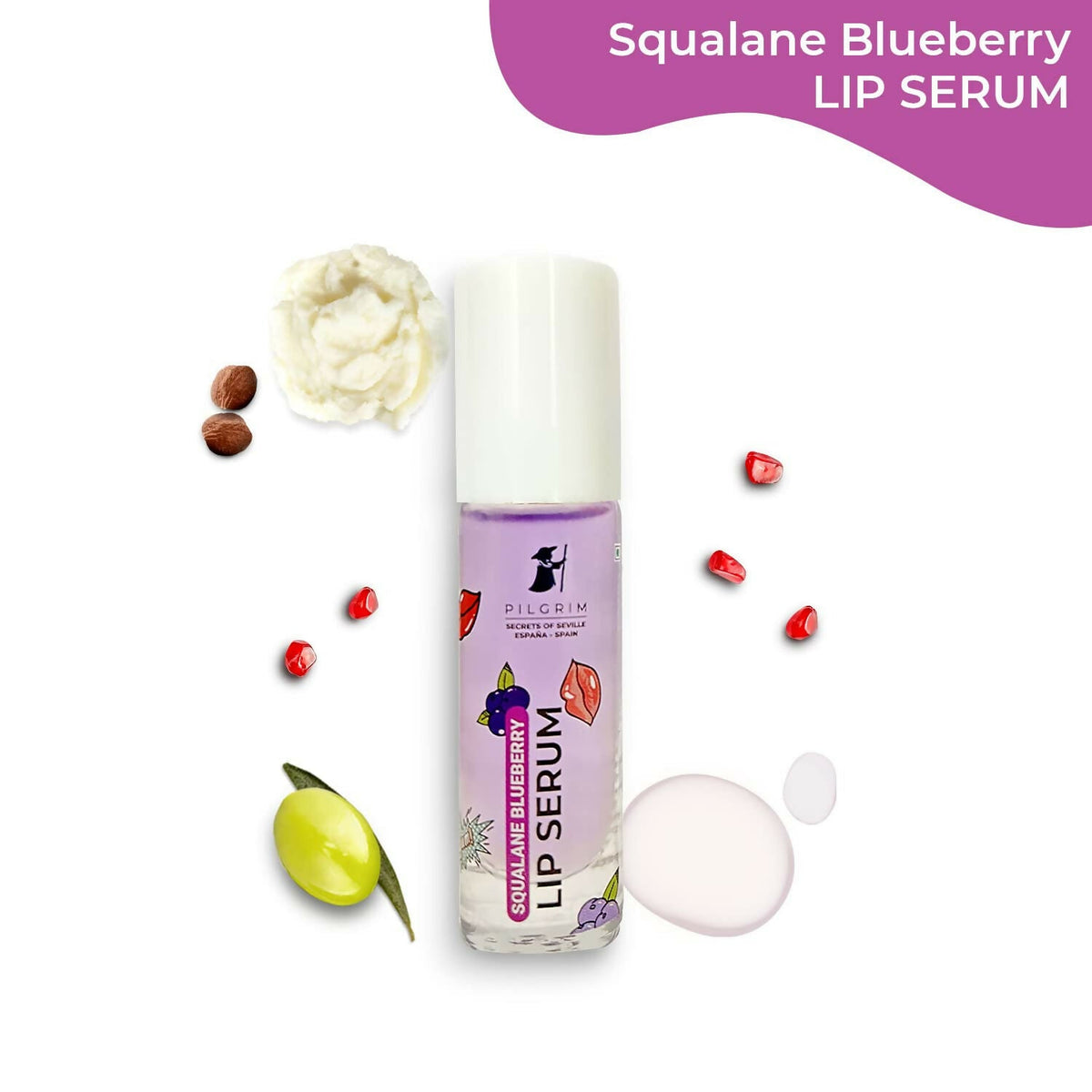 Pilgrim Spanish Lip Serum (Blueberry) with Roll-on For Visibly Plump Lips, Hydrating Lip Serum For Dark Lips | Grocsy