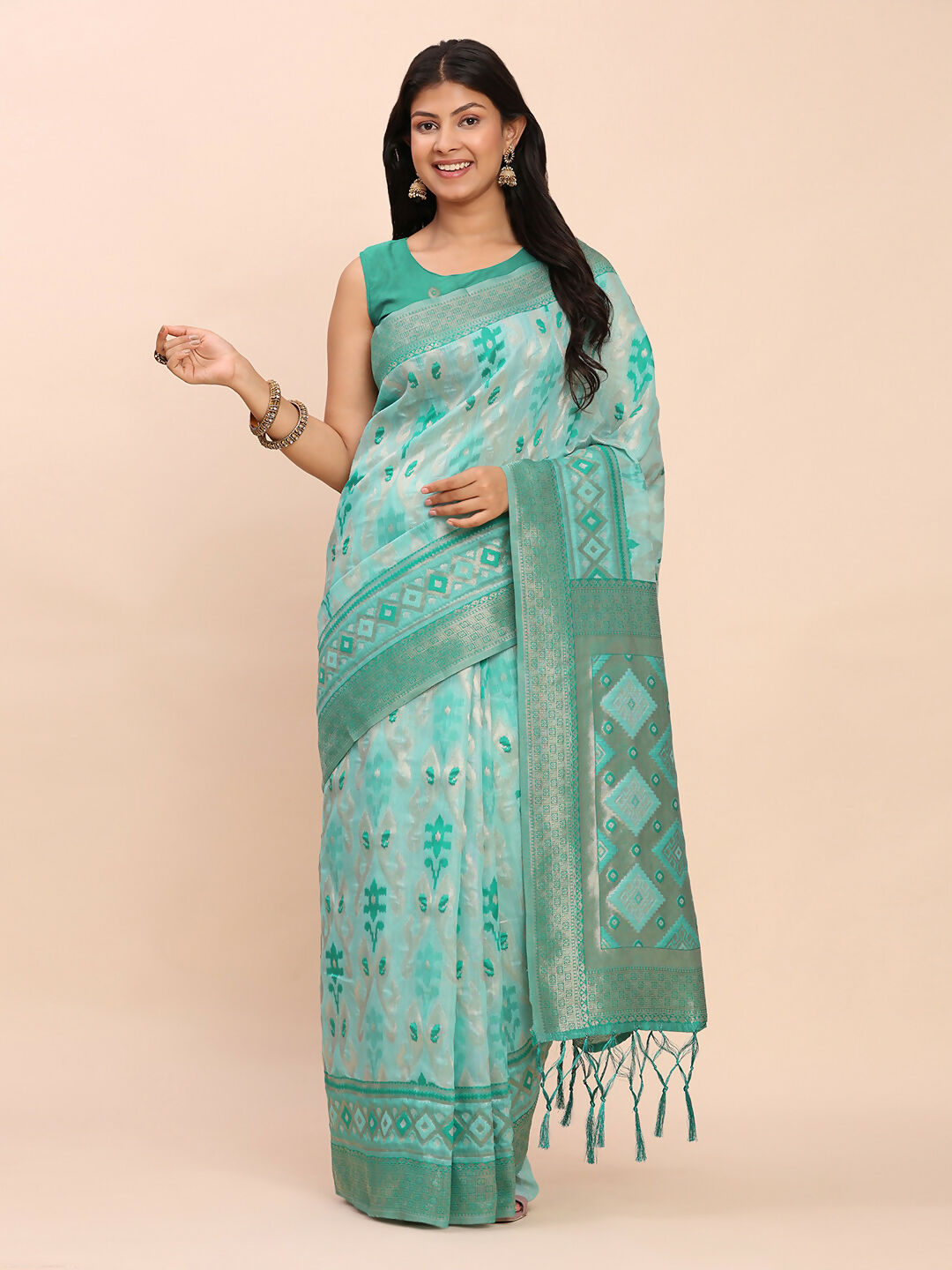 Shree Shyam Fashion Linen Cotton Sea Green Saree | Grocsy