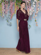 Joban Fashion Wine Hand Embellished Velvet Gown With Belt | Grocsy