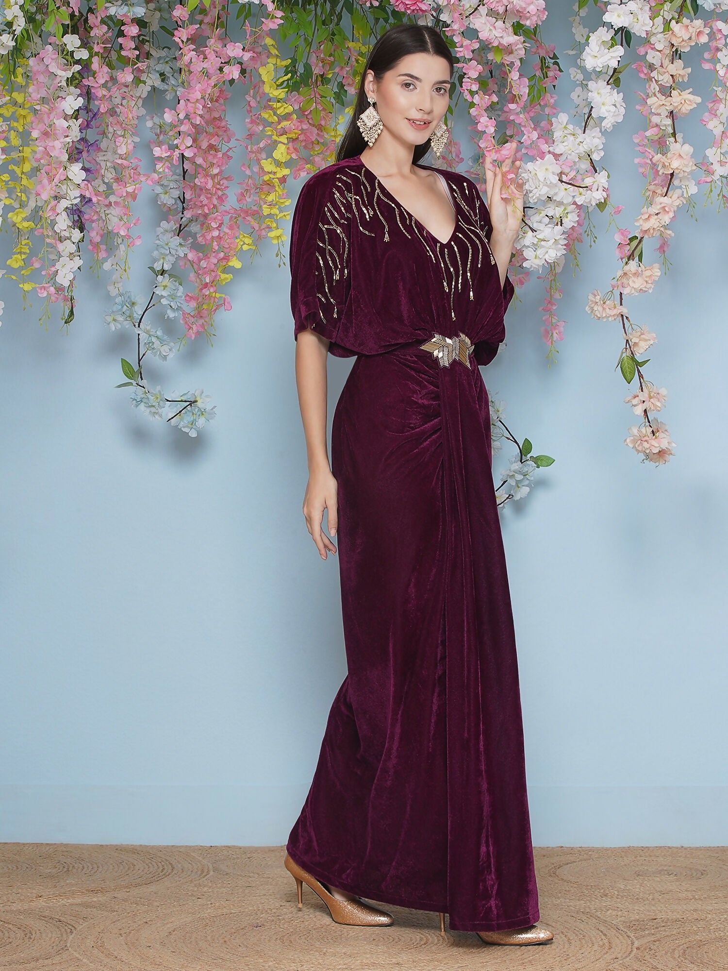Joban Fashion Wine Hand Embellished Velvet Gown With Belt | Grocsy