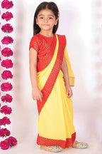 Little Bansi Girls Red and Yellow Color Saree with Floral Brocade Blouse | Grocsy