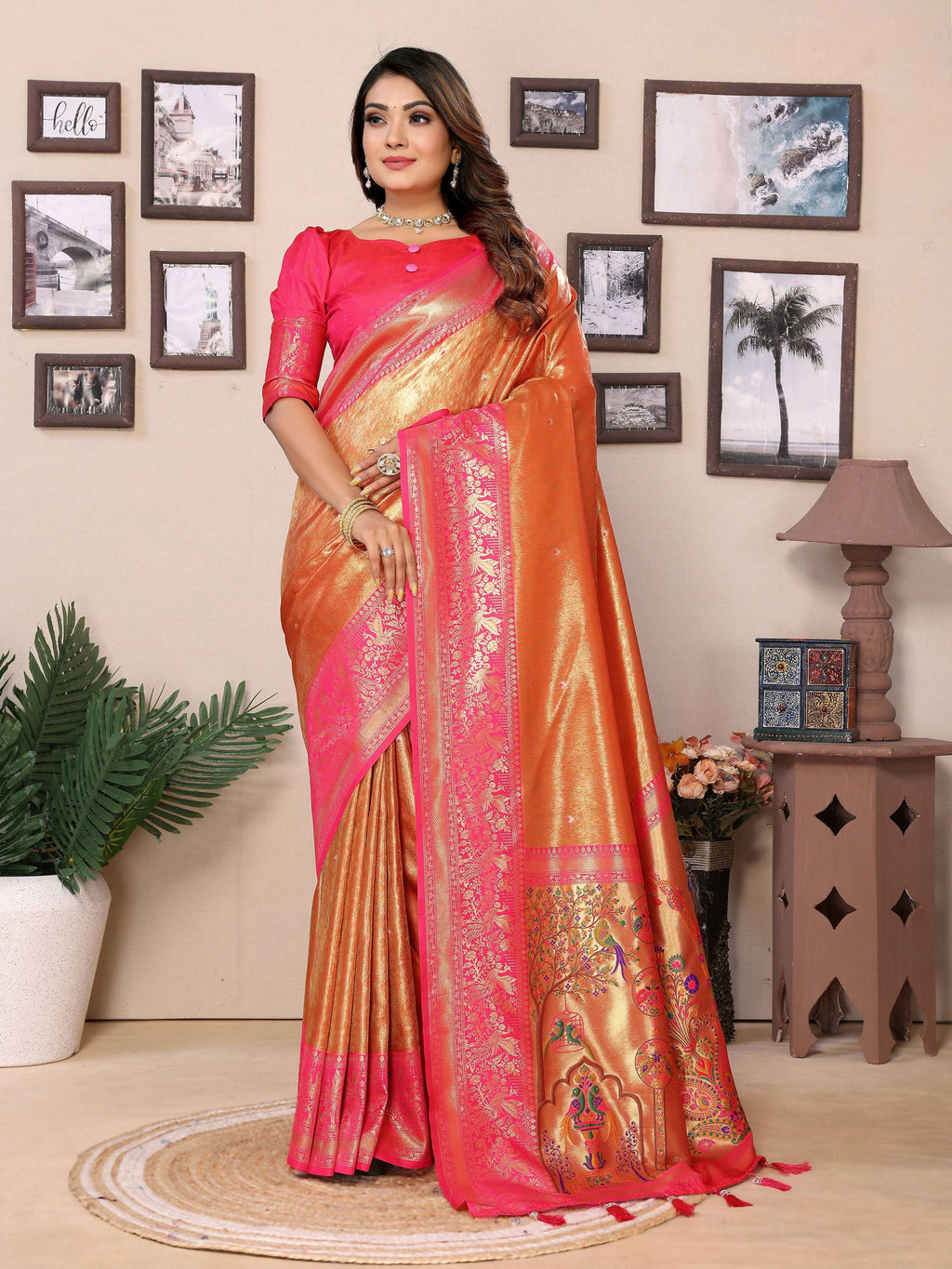 Aastha Fashion Orange Tissue Silk Weaving Saree | Grocsy