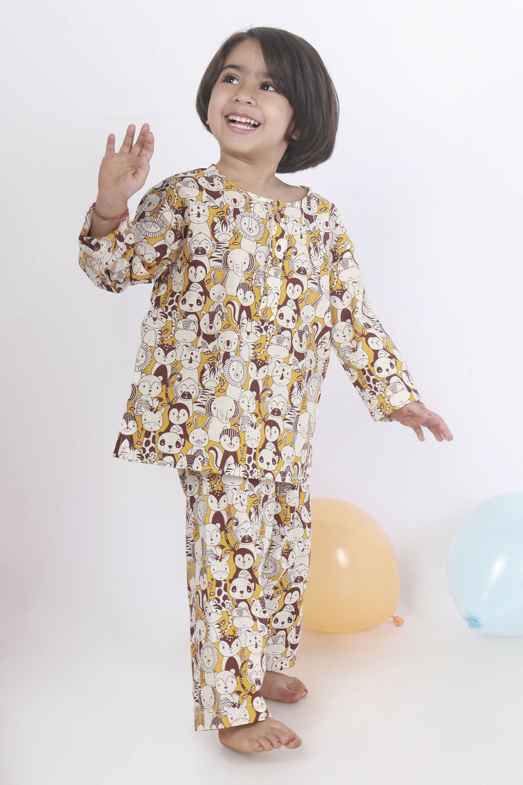 Breathables Sunny Yellow Animal Print Cotton Night Suit For Kids | Grocsy