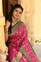 Joban Fashion Pink Crepe Chiffon Pure Handloom Banarasi Silk Saree | Grocsy