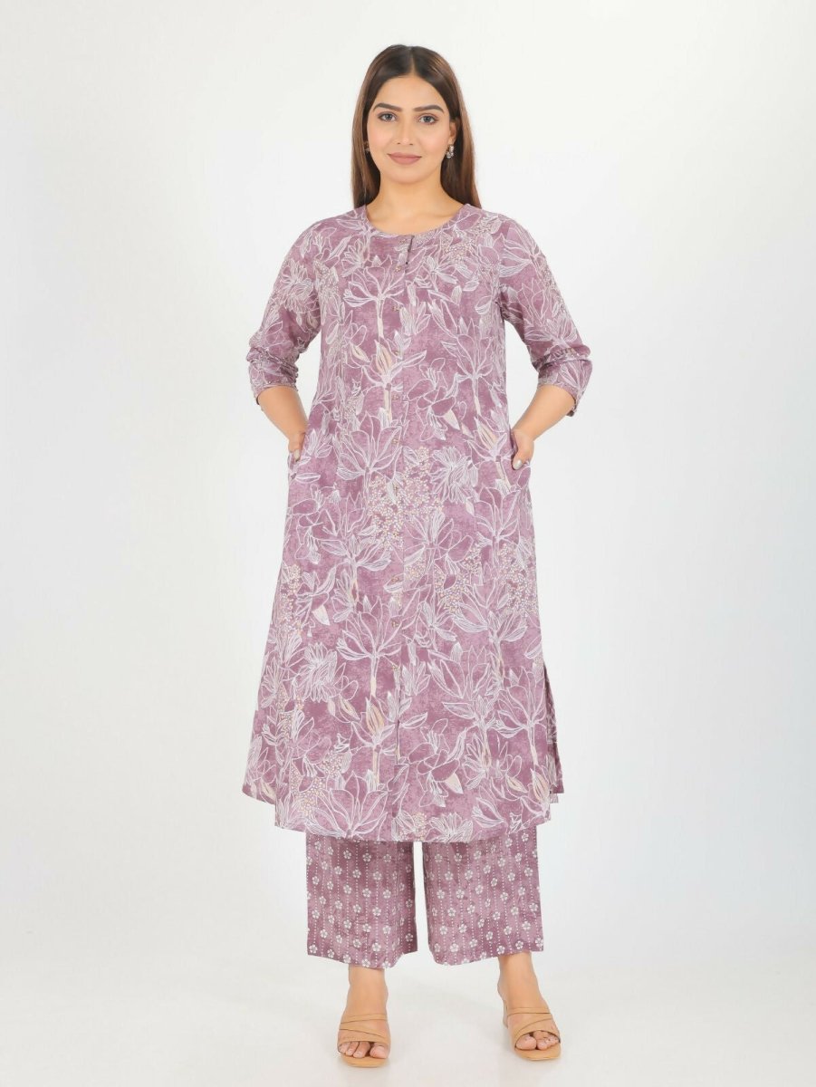 Aramya Purple Soft Cotton Gold Foil Print A-line Kurta Set for Women | Grocsy