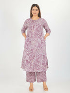 Aramya Purple Soft Cotton Gold Foil Print A-line Kurta Set for Women | Grocsy