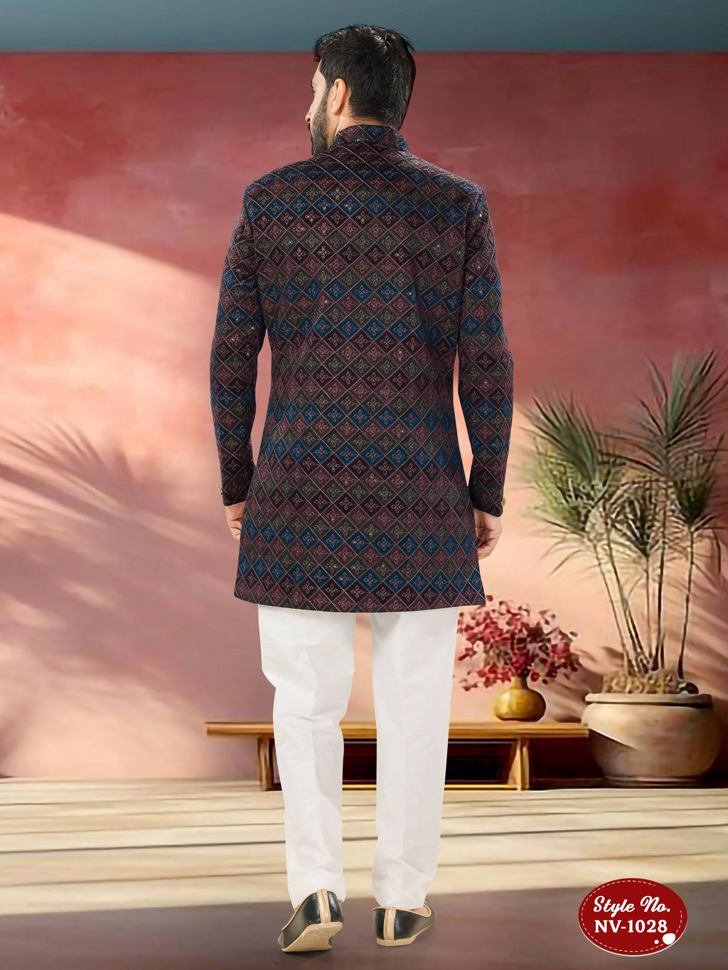 Joban Fashion Men's Blue Base ( Multi-Colour ) Straight Velvet Thread And Sequence Embroidary All Over Indo-Western Kurta Set | Grocsy