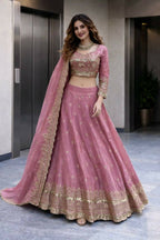 Teeya Creation Pink Color Fendy Satin Heavy Embroidery Work Wedding Wear Stitched Lehenga Choli | Grocsy