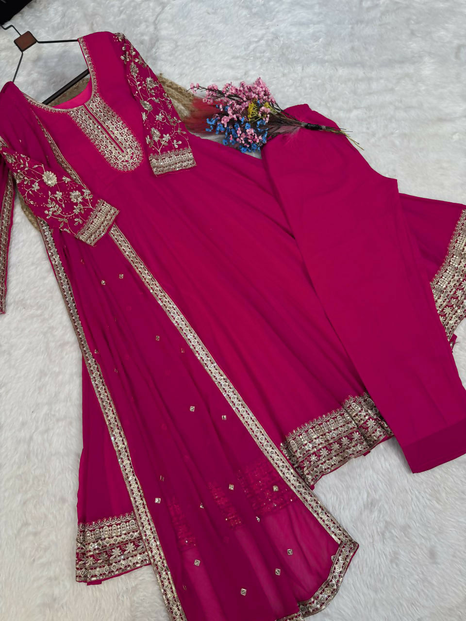 Teeya Creation Rani Pink Faux Georgette Embroidered Anarkali Suit with Dupatta | Grocsy