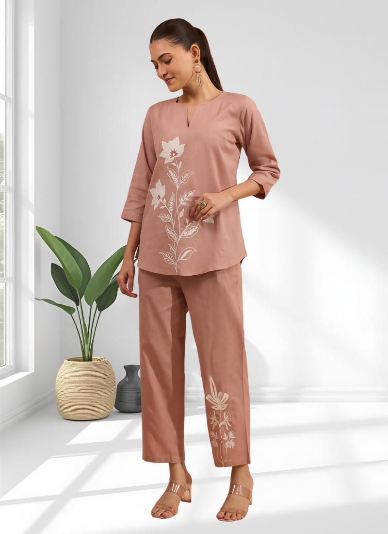 Joban Fashion Pink Cotton, Linen Embroidered Readymade Cord Set | Grocsy