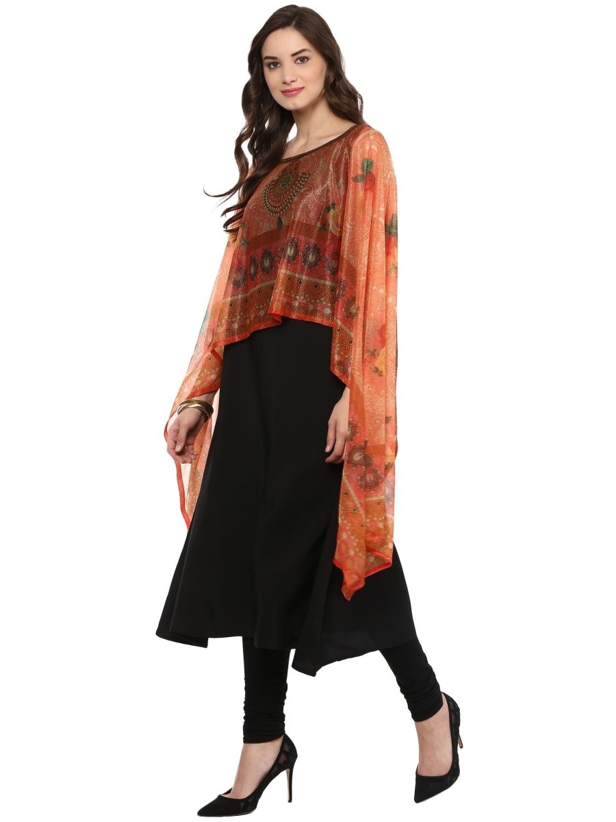 Ahalyaa Black Crepe Printed Kurta With Attached Dupatta For Women | Grocsy