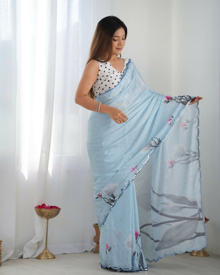 Sky Blue Chinon Designer Digital Printed & Mirror Cut Work Saree - Kriti | Grocsy