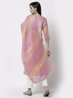 Myshka Pink Pure Cotton Printed 3/4 Sleeve Round Neck Kurta Pant Dupatta Set | Grocsy