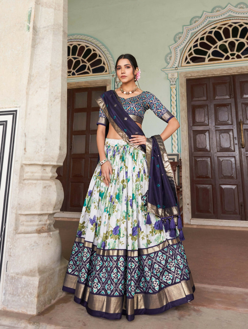 Vastranavya Exquisite Tussar Silk Lehenga Set With Perfect Floral And Patola Print Design Lehenga Choli - Navy Blue | Grocsy