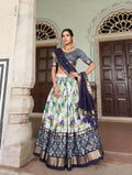Vastranavya Exquisite Tussar Silk Lehenga Set With Perfect Floral And Patola Print Design Lehenga Choli - Navy Blue | Grocsy