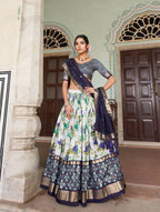 Vastranavya Exquisite Tussar Silk Lehenga Set With Perfect Floral And Patola Print Design Lehenga Choli - Navy Blue | Grocsy
