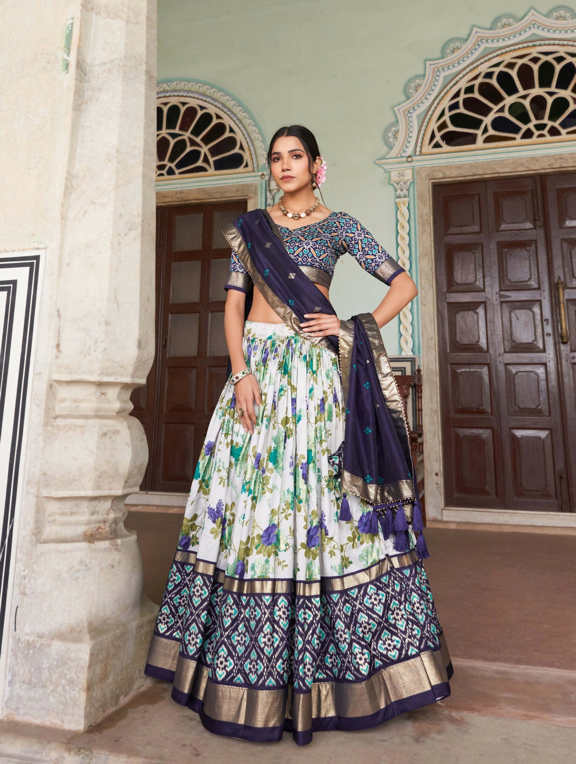Vastranavya Exquisite Tussar Silk Lehenga Set With Perfect Floral And Patola Print Design Lehenga Choli - Navy Blue | Grocsy