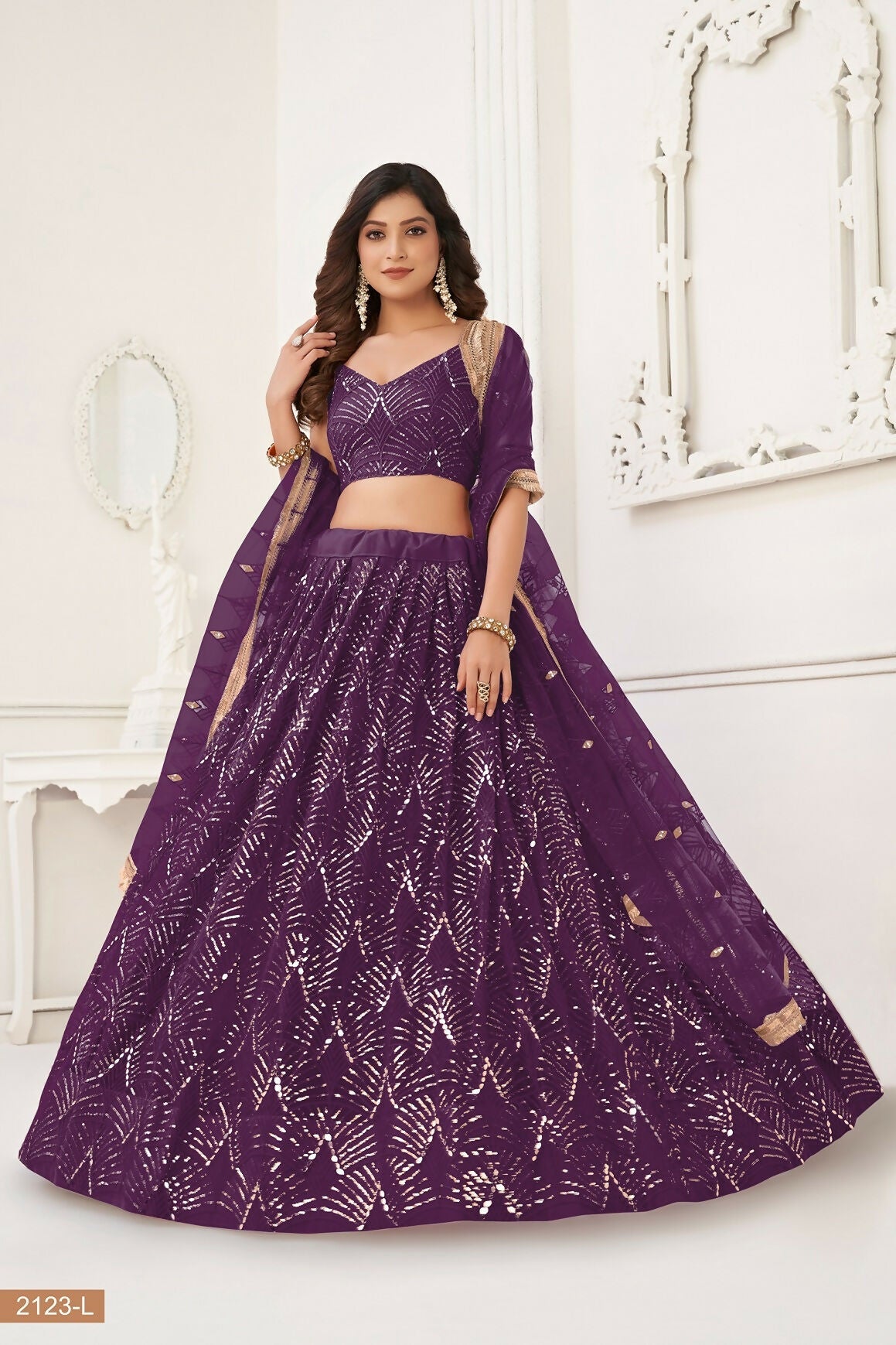 Eilara Wine Thread Sequin Embroidered Net Lehenga Set | Grocsy