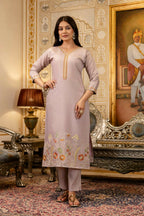 The52 Lavender Women's Beautiful Viscose Shimmer Fabric Embroidered Work Straight Kurta Pant and Dupatta Set | Grocsy