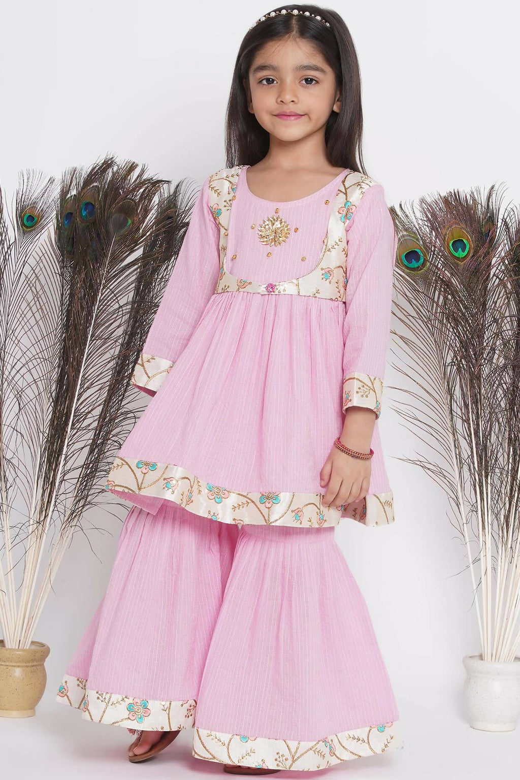 Little Bansi Floral Embroidery Jacket With Cotton Kantha Frock Sharara And Dupatta With Ghungroo Handwork - Pink | Grocsy