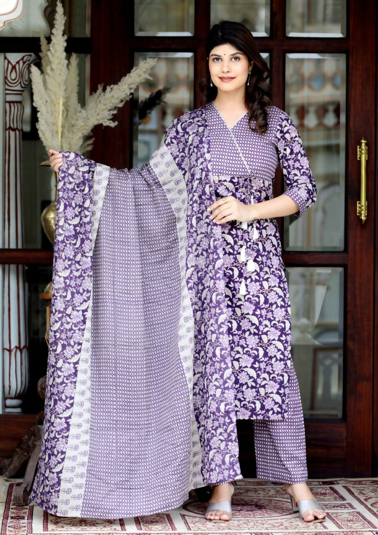 Miravan Women's Floral Block Printed Purple Angrakha Kurta And Palazzo With Dupatta Set | Grocsy