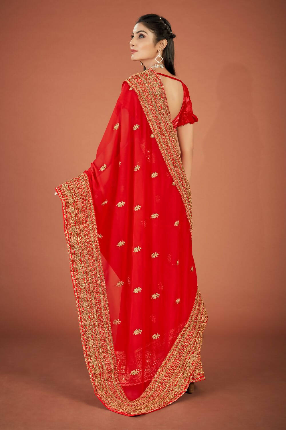 Vamsee Red Organza Saree | Grocsy