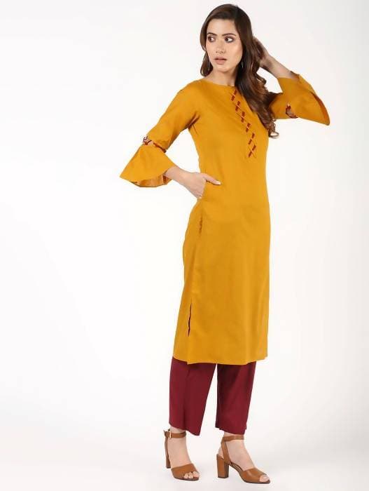 Aniyah Cotton Criss Cross Bell Sleeves Straight Mustard Color Kurta (AN-146K) | Grocsy