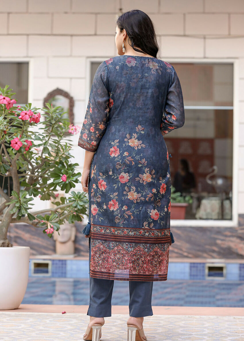 Kaajh Women's Navy Blue Digital Print Flora Chanderi Kurta Pant Set With Dupatta | Grocsy